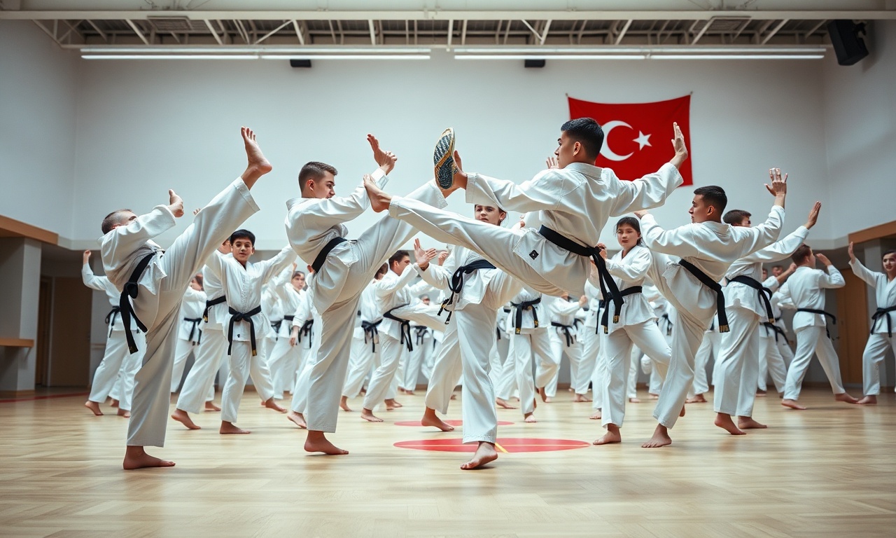 Ankara taekwondo kursu — Çınar Spor Kulübü öğrencileri salonda tekme çalışırken
